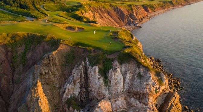 Aerial view of cliffside golf hole above the Atlantic at Cabot Cape Breton